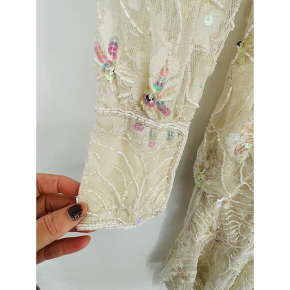 VTG Megere White Sequin Beaded Dress M Long Sleeve Ruffle Hem Formal Wedding - Picture 4 of 10